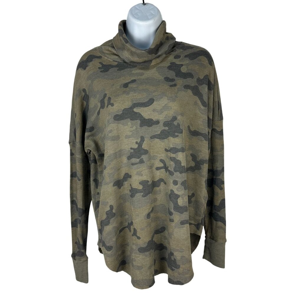 Michael Stars Camo Print Cowl Neck Long Sleeve Waffle Knit Top Women’s L
